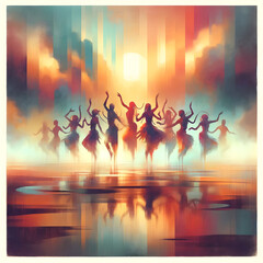 Fototapeta premium Silhouetted Dancers Against Abstract Sunrise - Artistic Dance Illustration with Fluid Motion and Color Reflection, Concept of Ballet Elegance and Contemporary Freedom