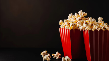 Delicious popcorn pouring out of two red boxes on black background. Copy space. Cinema concept. Generative AI