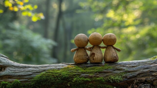 Three little wooden figures sitting on top of a log in the woods, AI