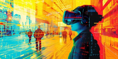AI futuristic concept of young person wearing a virtual reality headset VR goggles exploring the meta verse, and  playing games, entertainment and digital technology of the future. Generative AI