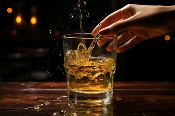 An elegant woman's hand holds a hand with a pipette over a glass glass of whiskey.
Concept: poison in a drink, dangerous cocktail or content for bars and restaurants.