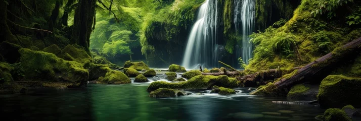 Fotobehang Beautiful waterfall surrounded by green forest © brillianata