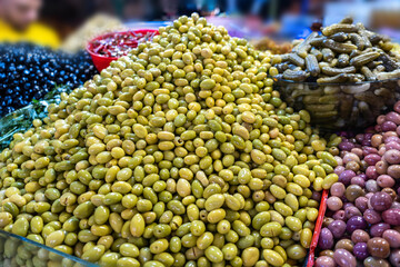 Pickled Olives Pile, Fermented Olives, Marinated Mediterranean Snack, large piles of Olive Pickles
