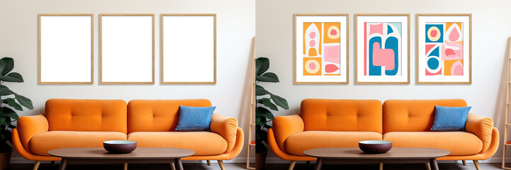 cheerful and happy mood living room idea of home decor design with blank three frame wall set and  abstract painting art hanging picture, mockup idea, Generative Ai