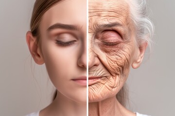 Young face skin vs. aged face. Beauty is ageless. Age difference in years. Ageing. Insenescence. A woman in her later years compared to youth. Paracme. Wrinkles. Senescence. Aging of a woman. Time
