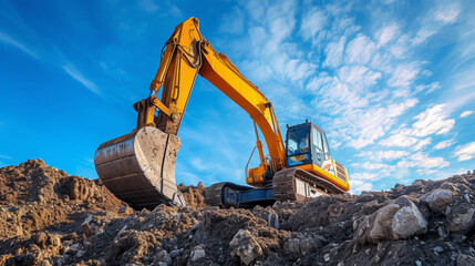 A banner image of an excavator. Vivid image of a yellow excavator amid earthworks under a clear sky