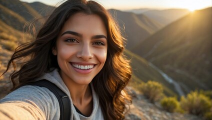  Close-up selfie of a young female with long brunette hair and a warm ...