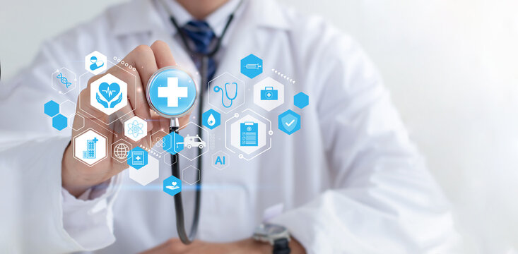 Health insurance and healthcare medical concept. Doctor hand with stethoscope and medical icons in hospital. World health day. access to welfare health and Medical technology. copy space. AI.