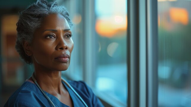 Reflective elder Black nurse looking pensively outside a window at sunset