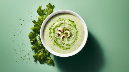 Mushroom cream soup on a soft green background, copyspace top view.
