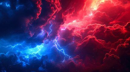 Dynamic Sky: Red and Blue Lightning Spectacle - obrazy, fototapety, plakaty