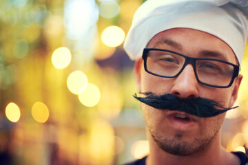 Man, portrait or mustache and beret at festival for comic face, creative or confident in french...
