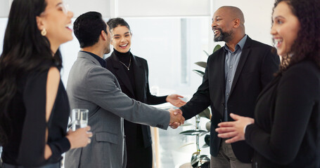 Business people, handshake and meeting for b2b, partnership or introduction together at office....