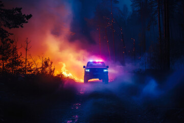 Smoke and Flames: Heroic Pickup Truck at Night
