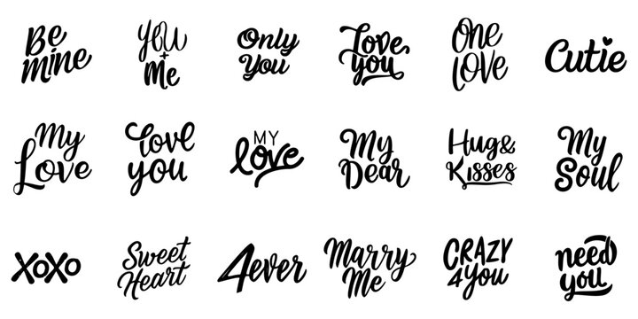 A set of handwritten words and phrases for the design of Valentine's Day cards. Hand lettering. set of Conversation text for valentines day