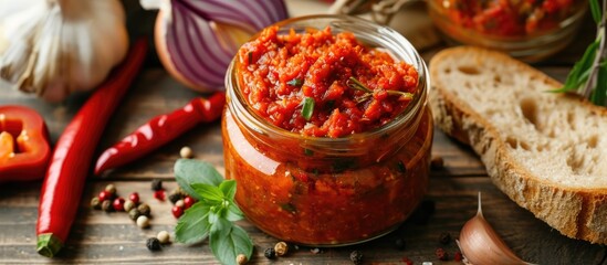 Ajvar, a tasty spread made with red peppers, onions, and garlic, can be enjoyed on bread or straight from the jar.