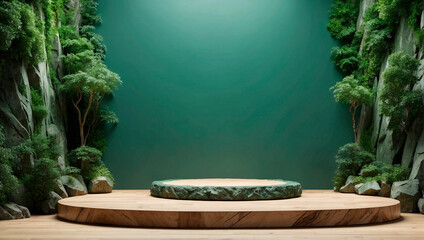 A natural forest green backdrop sets the stage for displaying products on a platform crafted from wood and stone, creating a 3D garden rock display
