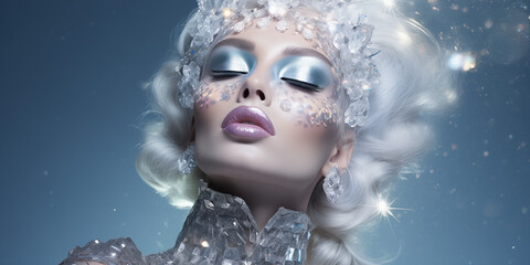 Editorial beauty portrait presenting a model with holographic and iridescent makeup in silver shades. Luminous complexion, shimmering eyeshadow, and sparkling lip gloss. Celestial sophistication.