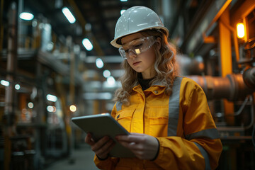 Female engineer. A professional female engineer wearing a hard hat and safety glasses oversees operations in an industrial manufacturing facility.