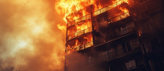 Residential building on fire. Basket fire escape. - obrazy, fototapety, plakaty