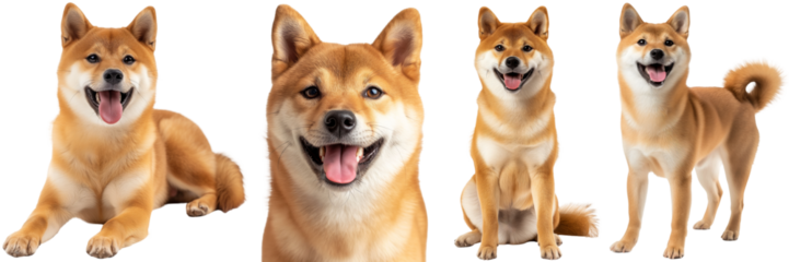 Happy shiba inu dog collection, portrait, standing, lying, sitting, isolated on a white background