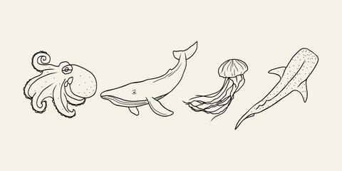 Set of line art marine animals - obrazy, fototapety, plakaty
