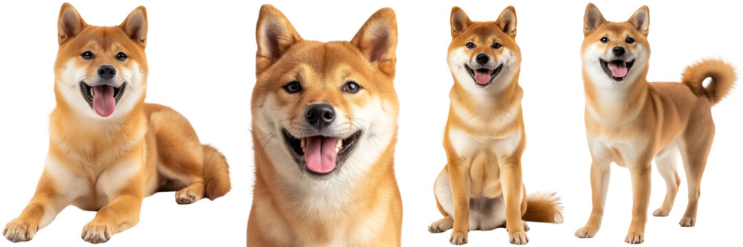 Happy shiba inu dog collection, portrait, standing, lying, sitting, isolated on a white background - Powered by Adobe