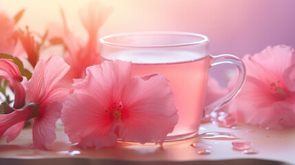 Obraz na płótnie Canvas Hibiscus tea in glass cup. Cup of hibiscus tea and dry hibiscus petals