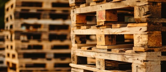 A stack of wooden pallets seen up close.