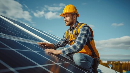 Obraz premium Worker installing solar panels on a roof, alternative renewable green energy generation concept. Generative AI.