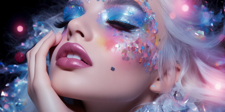 Fashion editorial portrait showcasing a model  with holographic and iridescent makeup in silver shades. Luminous complexion, shimmering eyeshadow, and sparkling lipstick. Futuristic sophistication.