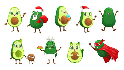 Obraz premium Cartoon mexican avocado characters, vector fruit food. Funny avocado cat, chef, Santa and superhero personages with Christmas gift bag, taco, red hat and toque, super hero cape, mask and baby seed