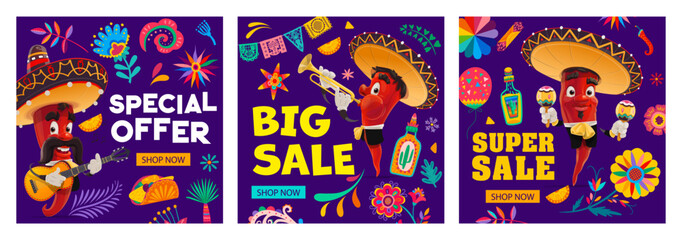 Mexican holiday big sale special offer banners with chili pepper mariachi musicians characters and tropical flowers. Vector Mexico fiesta discount offer flyer, mariachi, sombrero, guitar and maracas