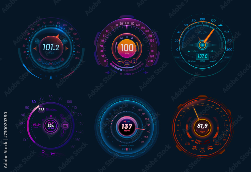 Poster car speedometers, neon dial and traffic speed gauge dashboard, vector futuristic interface. car spee