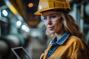 Happy female worker with hard hat looking at tablet computer in steel fabrication shop. Generative AI.
