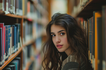 Inquisitive college student searching through library shelves, her intense eyes and wavy hair framed by the vast collection of academic books.