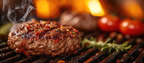 Traditional burger grilling a thick juicy minced beef patty on a griddle. - obrazy, fototapety, plakaty