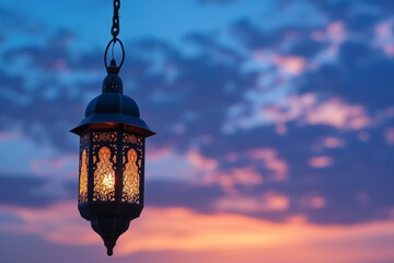 Fototapeta na wymiar A Glowing Ramadan Lamp Illuminating a Calm and Beautiful Evening. Ramadan Mubarak