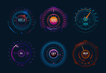 Car speedometers, neon dial and traffic speed gauge dashboard, vector futuristic interface. Car speed meters or speedometer tachometers with arrow and digital indicator of fuel, mph and engine gear - obrazy, fototapety, plakaty