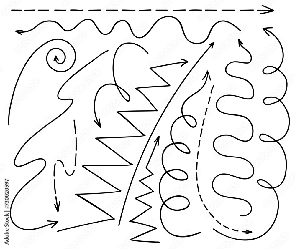Aufkleber Doodle straight long arrows and curve line direction pointers, vector set. Abstract zigzag, spiral and dash line or wavy arrows with right, up or down and left direction in circle or curly doodle line