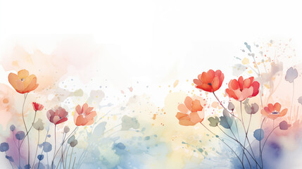 Minimalistic watercolor illustration with flowers on white background. Yellow, orange, blue, green, red, purple