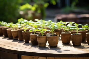 A wooden table in an outdoor setting, lined up with pots - each housing young, vibrant seedlings