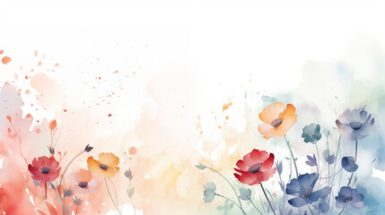 Obraz na płótnie Canvas Minimalistic watercolor illustration with flowers on white background. Yellow, orange, blue, green, red, purple