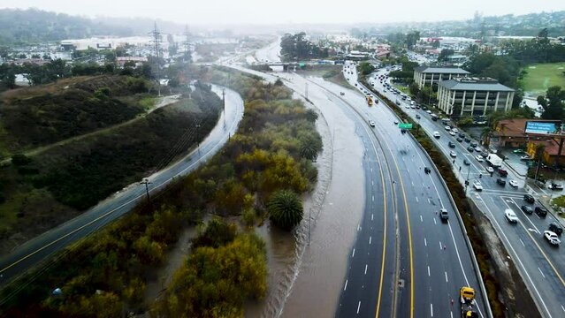 Severe highway flooding shuts down multi lane road for safety in San Diego California