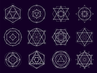 Sacred geometric shapes. Mystery, magic and esoteric symbols formed from vector thin line triangles, circles, squares and hexagons. Outline patterns set of sacred geometry, alchemy pentagram, mandala