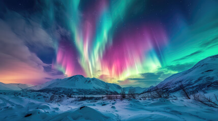 Aurora Borealis splendor over snowy mountain landscape - obrazy, fototapety, plakaty