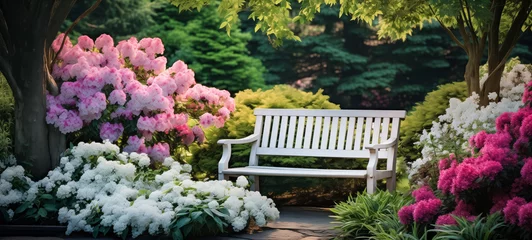Schilderijen op glas White garden bench surrounded by lush hydrangea bushes © thodonal