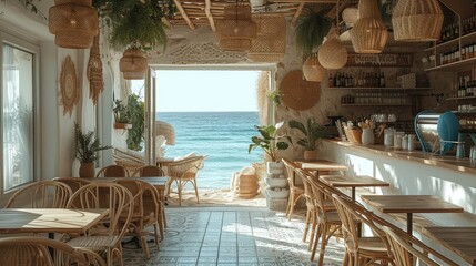 The interior of a cafe by the sea. The main materials for the interior are terracotta. Generative AI. - obrazy, fototapety, plakaty