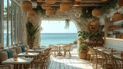Foto op Canvas The interior of a cafe by the sea. The main materials for the interior are terracotta. Generative AI. © visoot