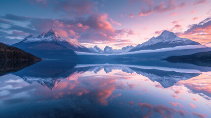 Fototapeta na wymiar Majestic mountains with perfect reflections in calm lakes and amazing colored skies at dawn